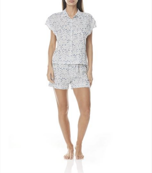 LADIES GINGERLILLY PJS BLUE GEO COTTON SHORT SET PYJAMAS MAGNOLIA