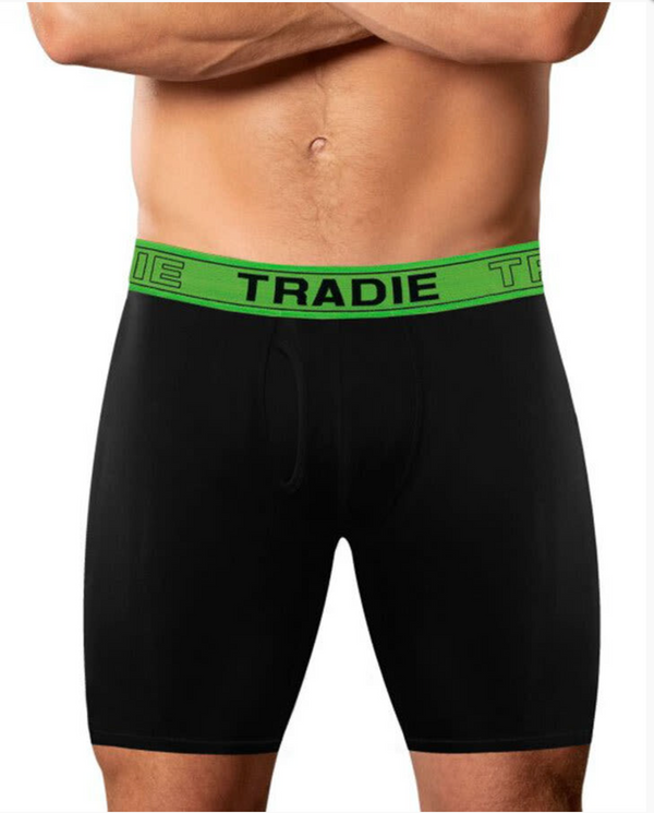 MENS 2 PACK TRADIE NO CHAFE BOXER SHORTS LONG LEG TRUNK BLACK GREEN (4SK)