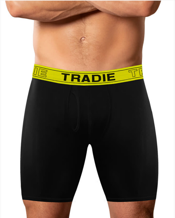 MENS 2 PACK TRADIE NO CHAFE BOXER SHORTS LONG LEG TRUNK BLACK YELLOW (9SK)